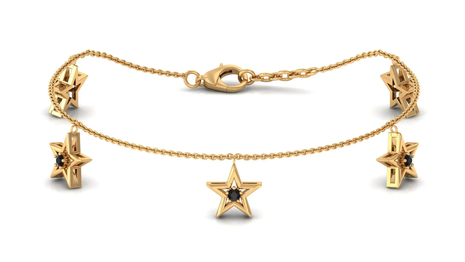 0.25 CT Black Diamond and Gold Star Charm Chain Bracelet