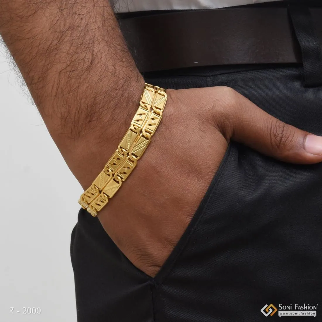 1 Gram Gold - 2 Line Nawabi Best Quality Gold Plated Bracelet for Men - Style B724
