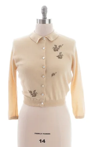 1950s Rose Embroidered Cashmere Cardigan | small/medium
