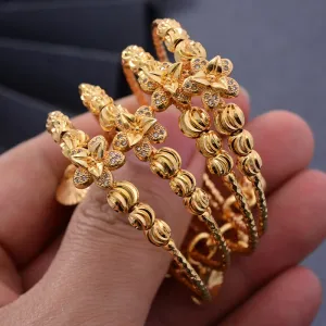 24K 4pcs DubaiFlowers Gold Color Bangles For Baby Girls Round inlaid Stone Bracelet
