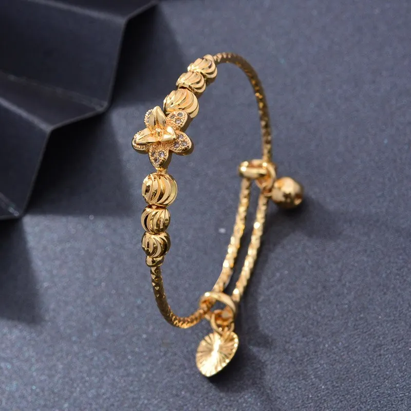 24K 4pcs DubaiFlowers Gold Color Bangles For Baby Girls Round inlaid Stone Bracelet