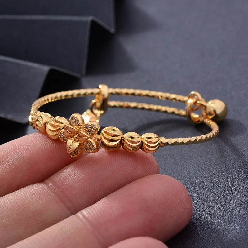 24K 4pcs DubaiFlowers Gold Color Bangles For Baby Girls Round inlaid Stone Bracelet
