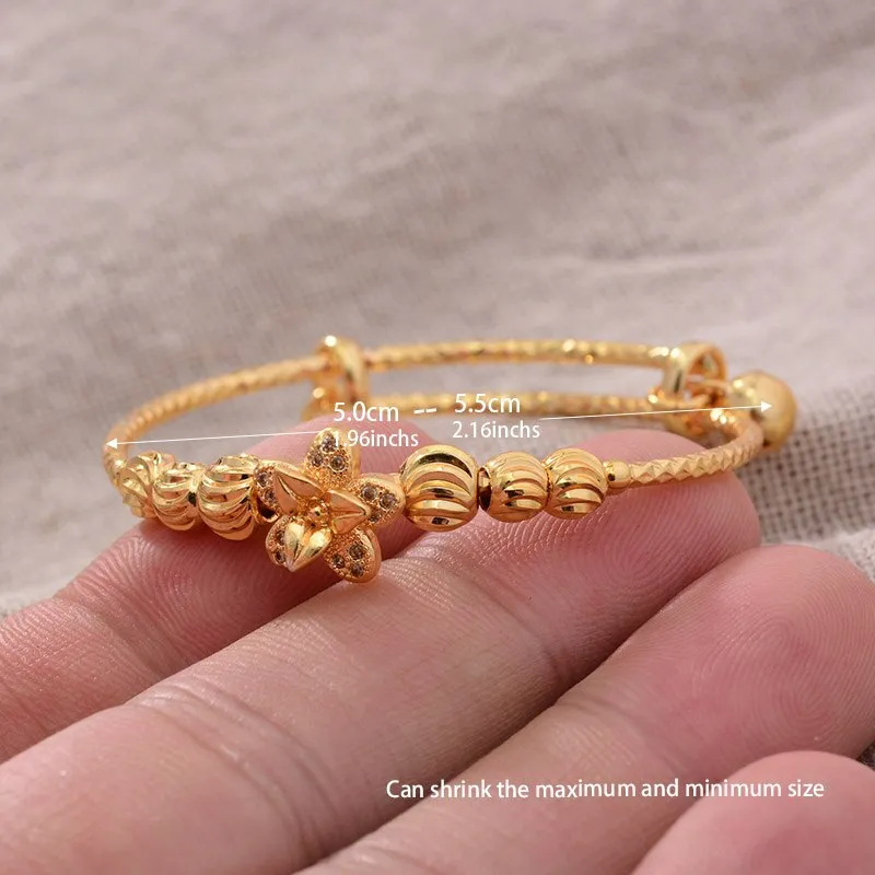 24K 4pcs DubaiFlowers Gold Color Bangles For Baby Girls Round inlaid Stone Bracelet