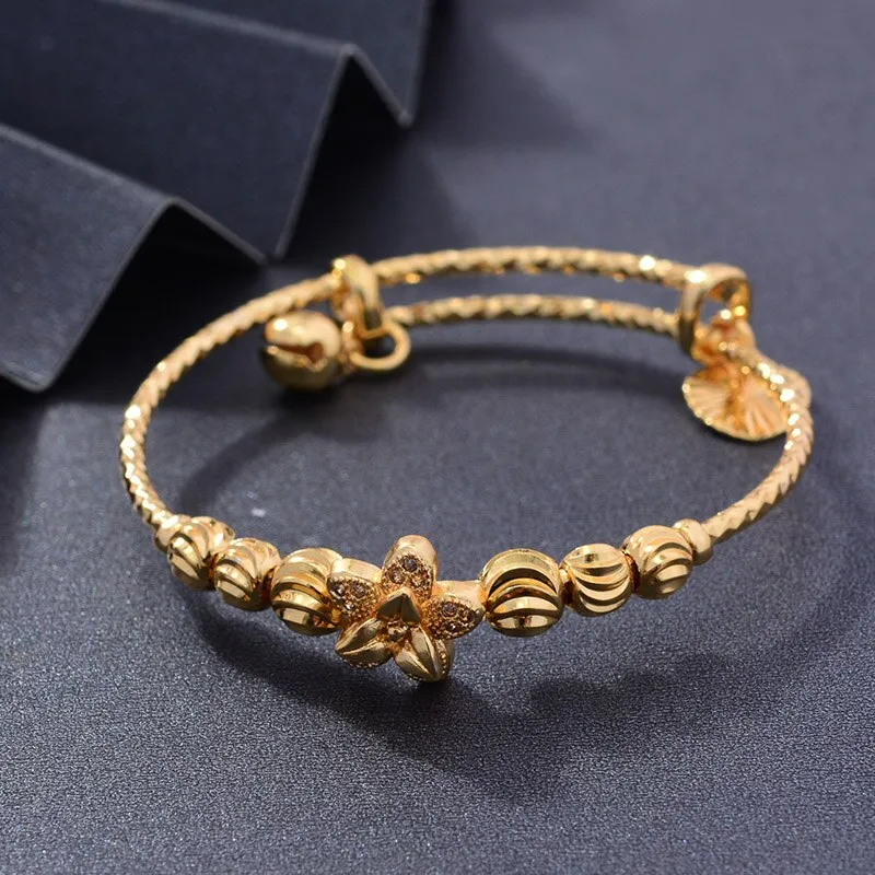 24K 4pcs DubaiFlowers Gold Color Bangles For Baby Girls Round inlaid Stone Bracelet