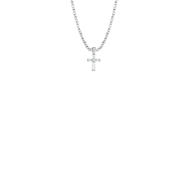 3/8 Inch Sterling Silver and Glass Crystal April Birthstone Baguette Cross Baby Necklace