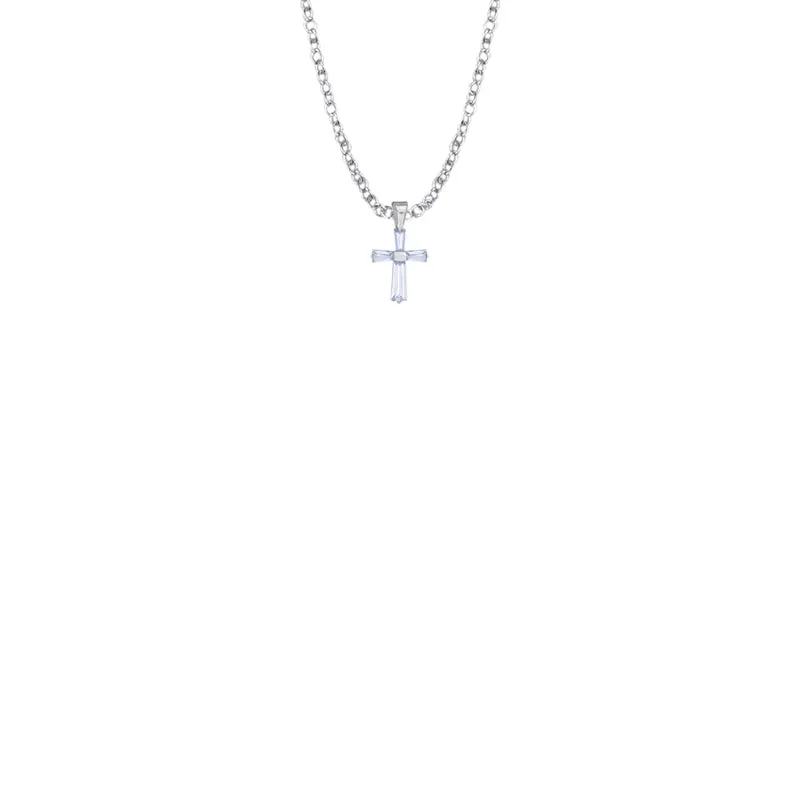 3/8 Inch Sterling Silver and Glass Crystal June Birthstone Baguette Cross Baby Necklace