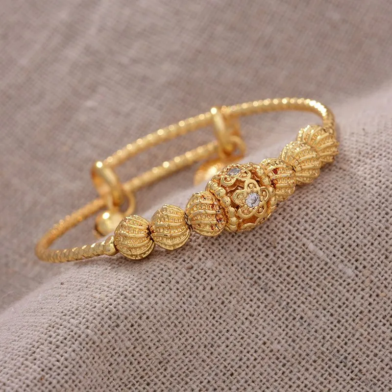 4pcs Flower Gold Color Dubai Bangles For Baby Girls Round inlaid Stone Bracelet Women