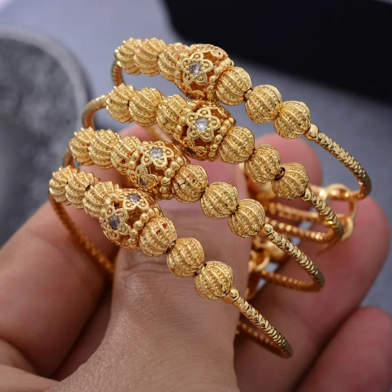 4pcs Flower Gold Color Dubai Bangles For Baby Girls Round inlaid Stone Bracelet Women
