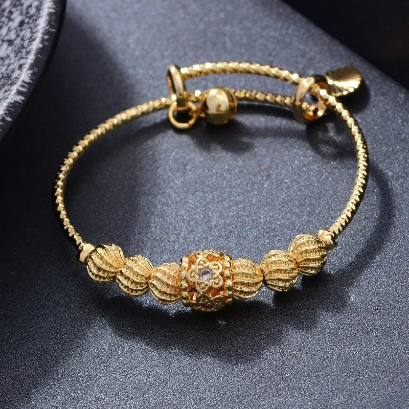 4pcs Flower Gold Color Dubai Bangles For Baby Girls Round inlaid Stone Bracelet Women