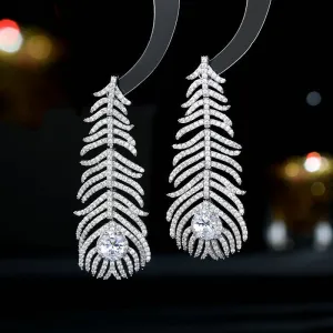925 Silver Needles Vintage Solid Color Feather Zircon Long Boho Earrings