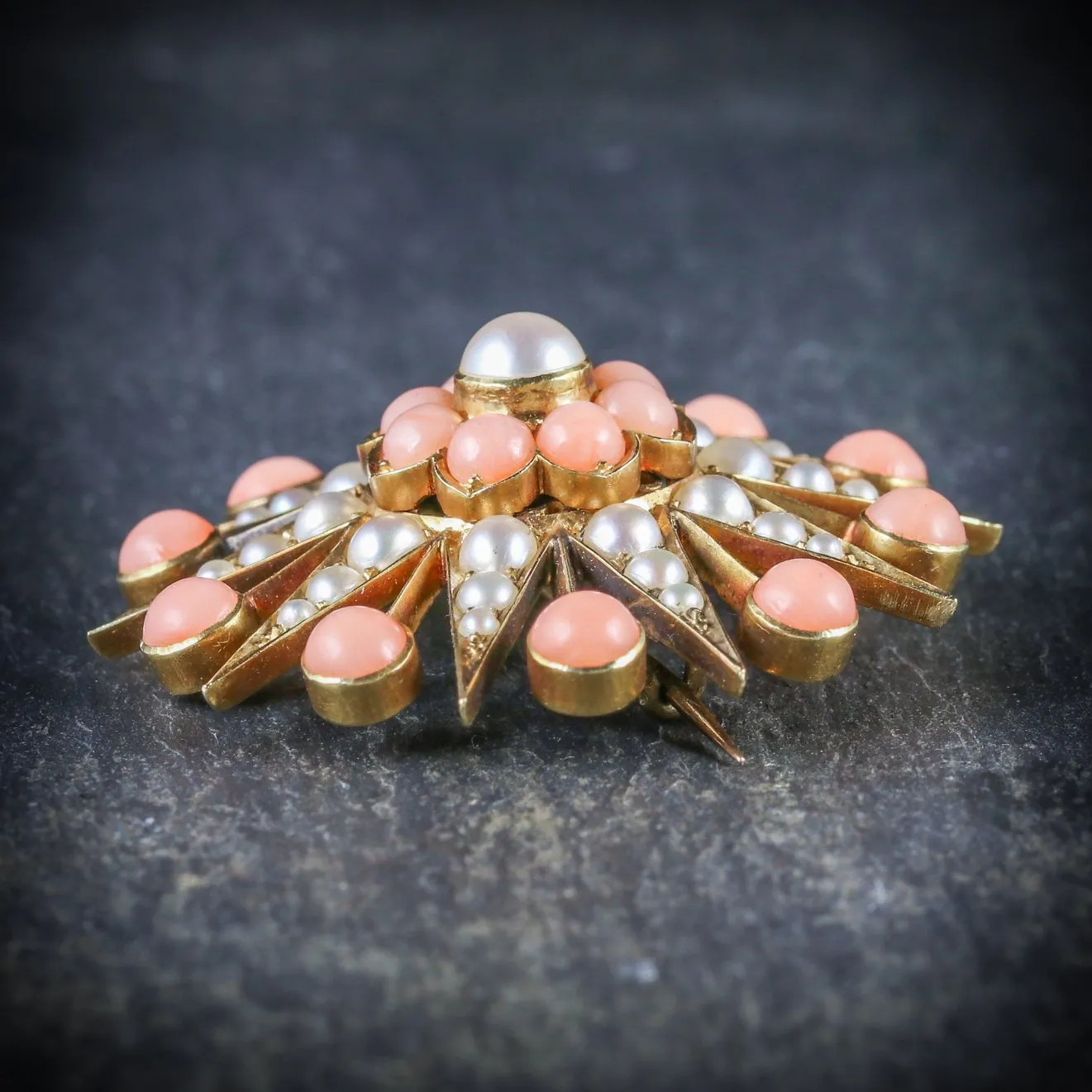 Antique Victorian Coral Pearl Star Brooch 18Ct Gold Circa 1900