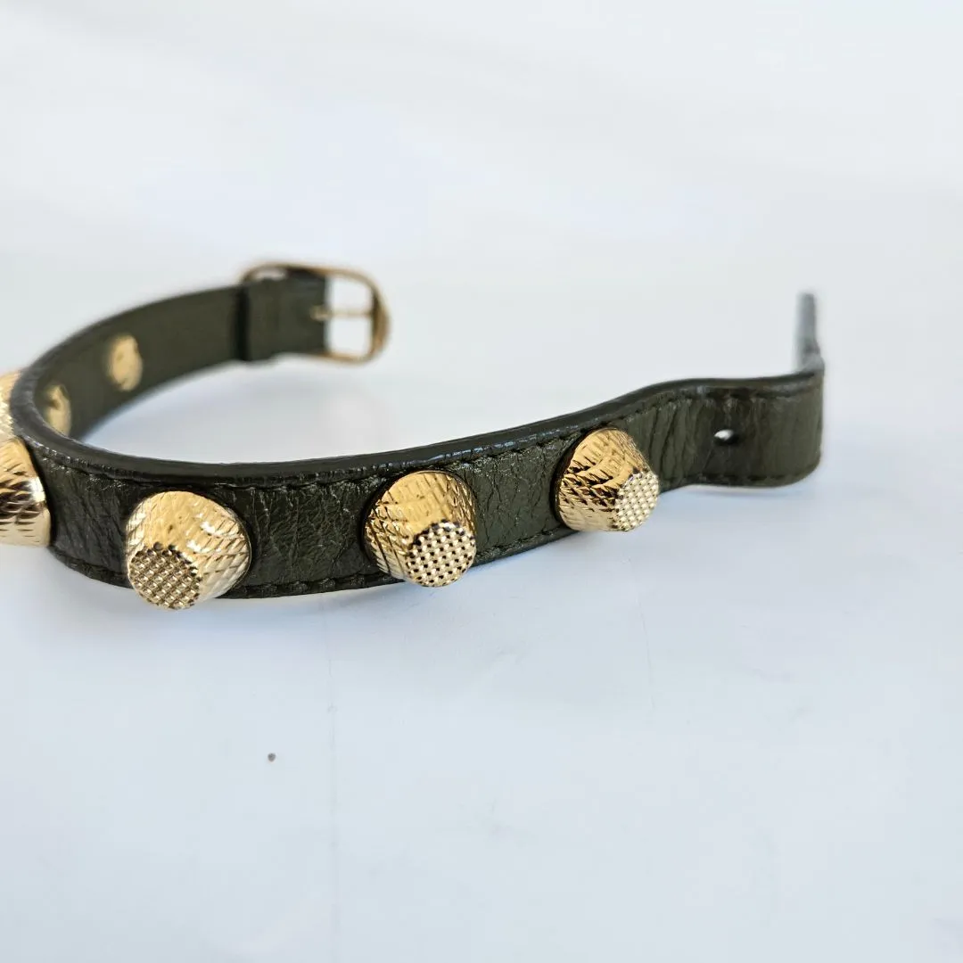 Balenciaga Arena Giant All Gold Tone Stud Green Leather Bracelet