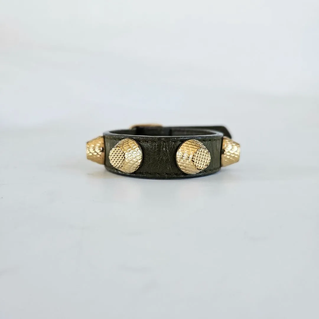 Balenciaga Arena Giant All Gold Tone Stud Green Leather Bracelet