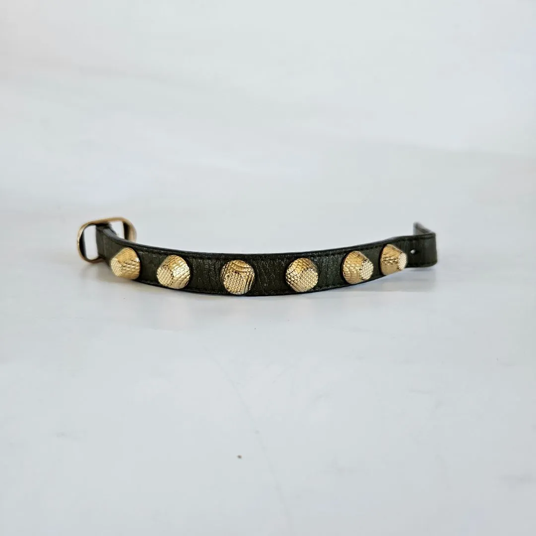 Balenciaga Arena Giant All Gold Tone Stud Green Leather Bracelet