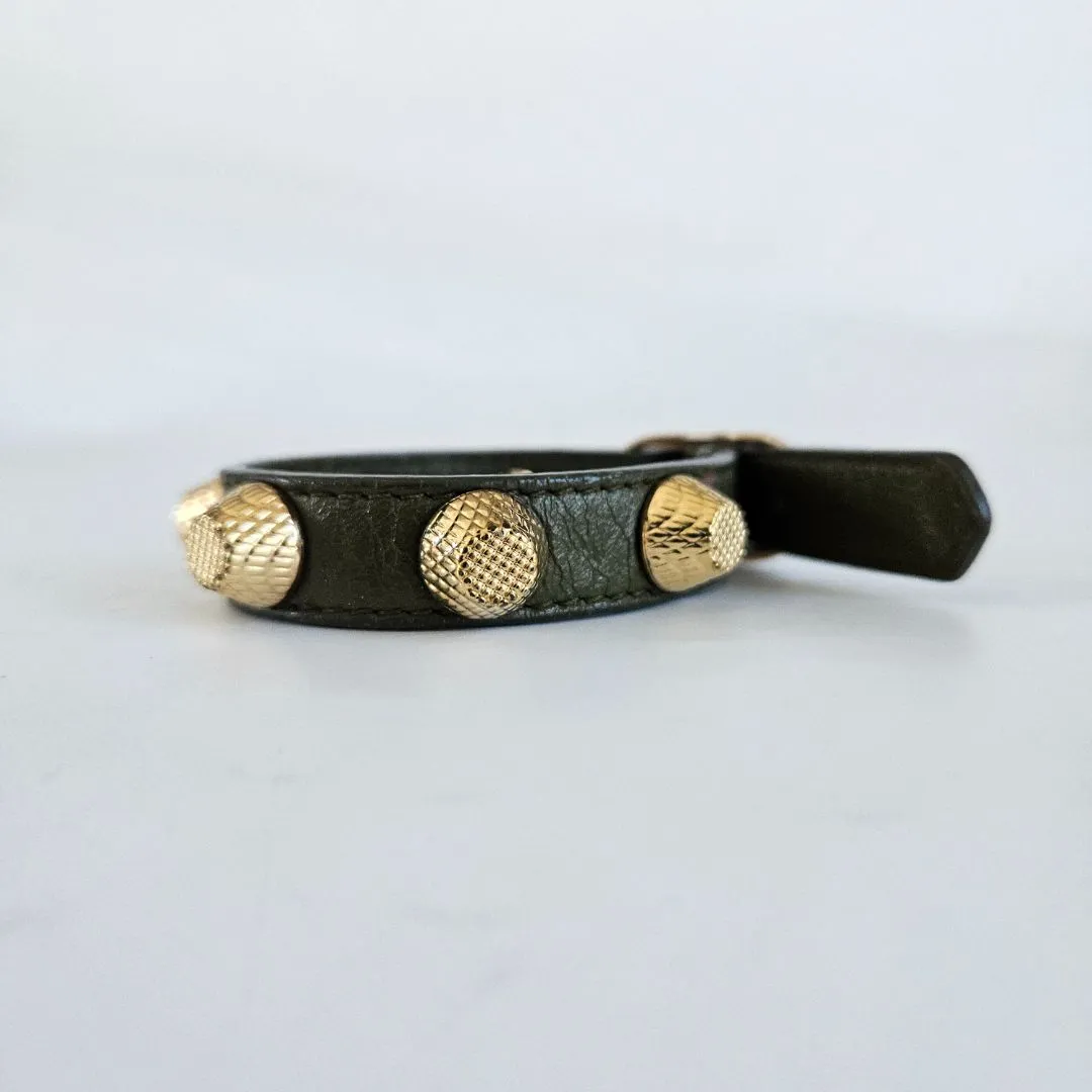 Balenciaga Arena Giant All Gold Tone Stud Green Leather Bracelet
