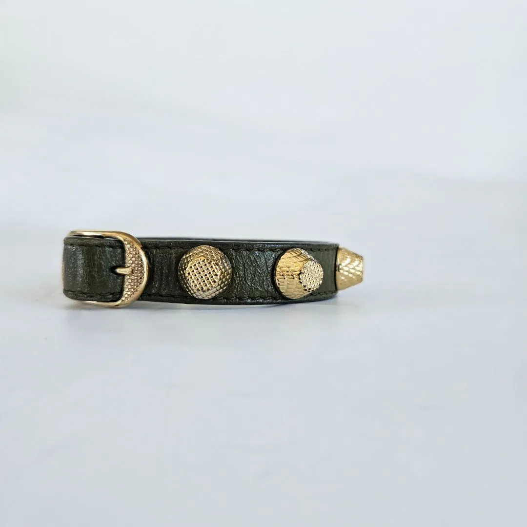 Balenciaga Arena Giant All Gold Tone Stud Green Leather Bracelet