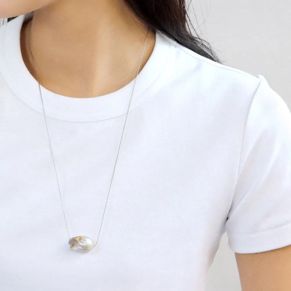 Baroque Pearl Silver Tone Slider Necklace