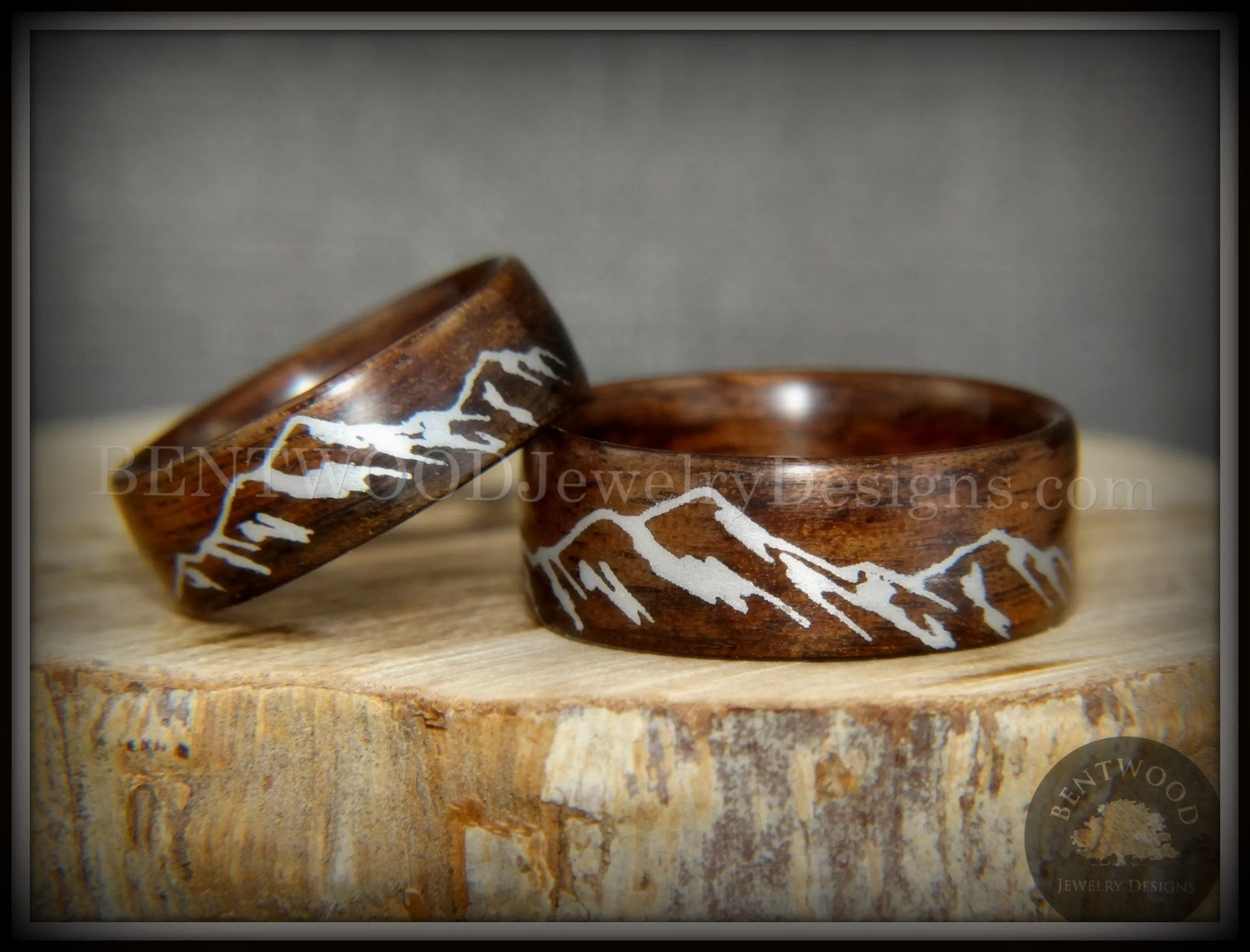 Bentwood Rings single (NOT SET)- "Silver Mountains" Rosewood Rings with Silver Mountainscape Inlay Engraving
