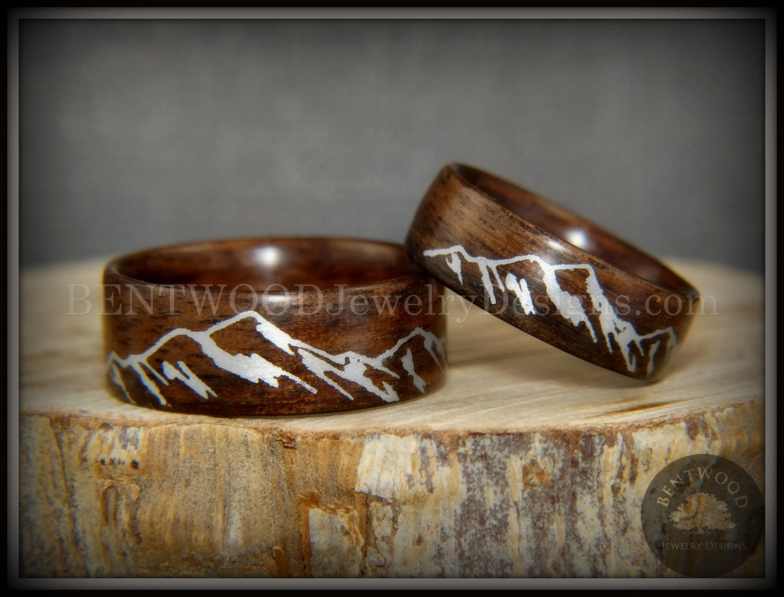 Bentwood Rings single (NOT SET)- "Silver Mountains" Rosewood Rings with Silver Mountainscape Inlay Engraving