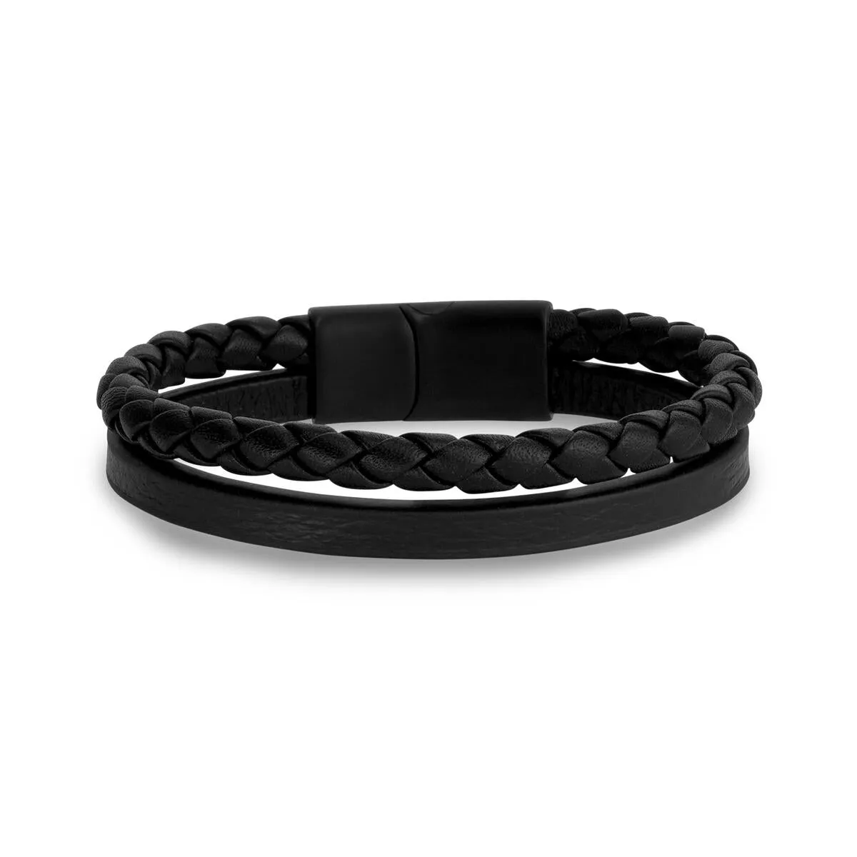 Black Leather Black Clasp Double Strand Bracelet