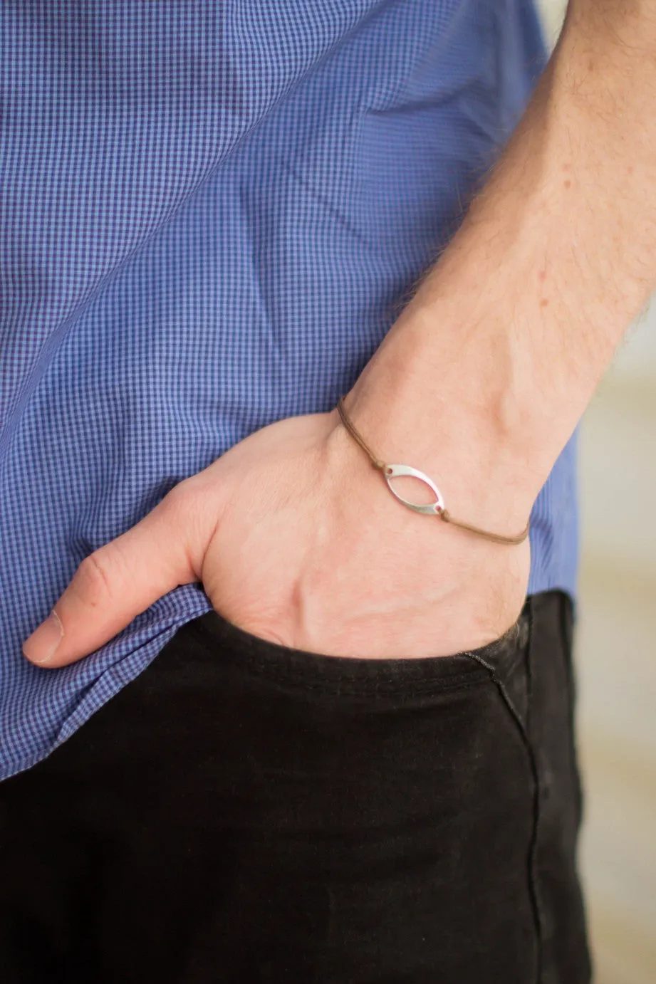 Bracelet for men, stainless steel oval charm, brown cord, waterproof bracelet