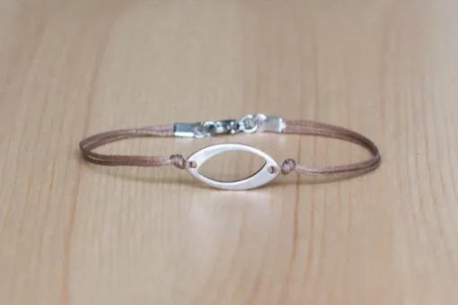 Bracelet for men, stainless steel oval charm, brown cord, waterproof bracelet