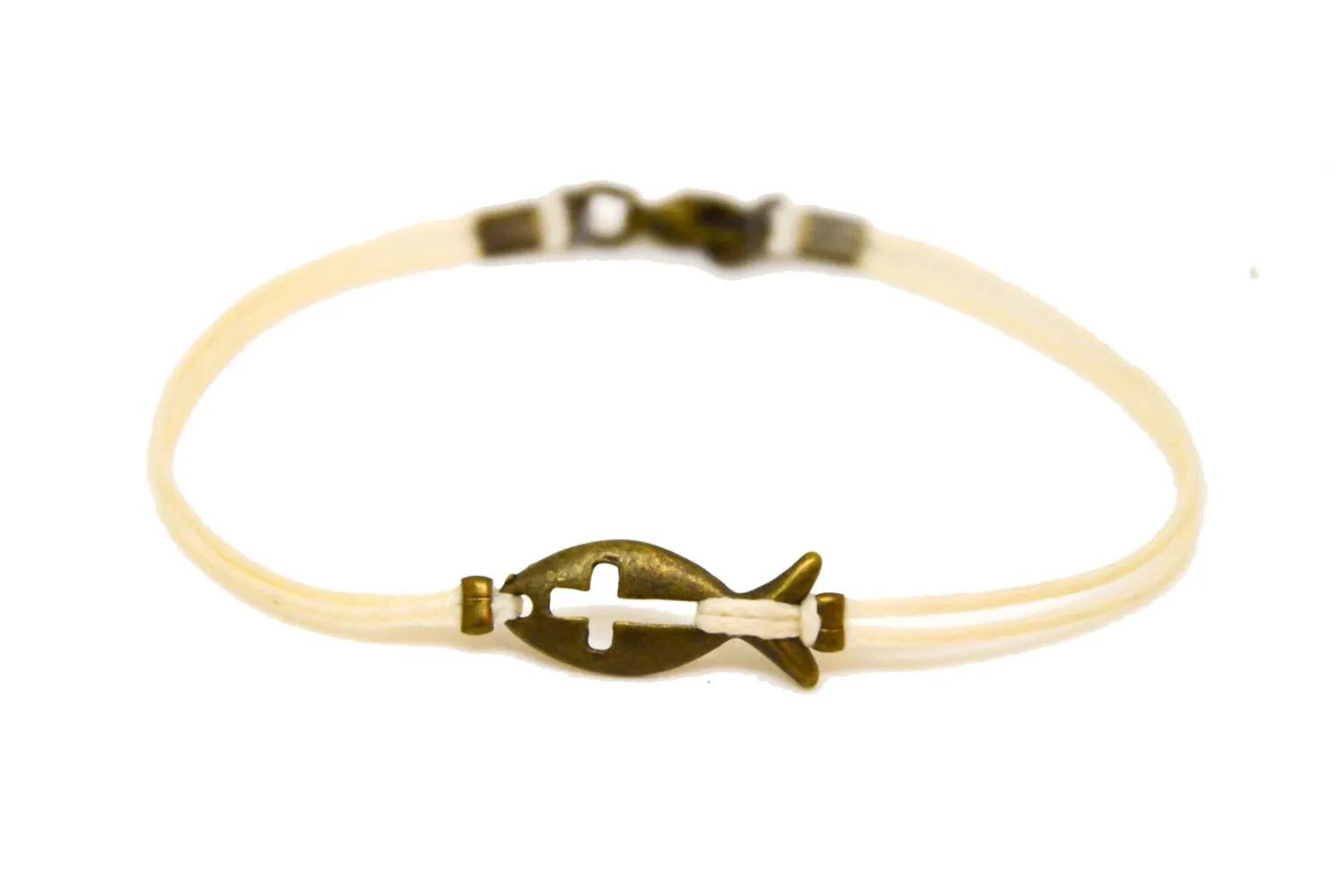 Bronze cross fish bracelet for men, beige cord, christian gift for him