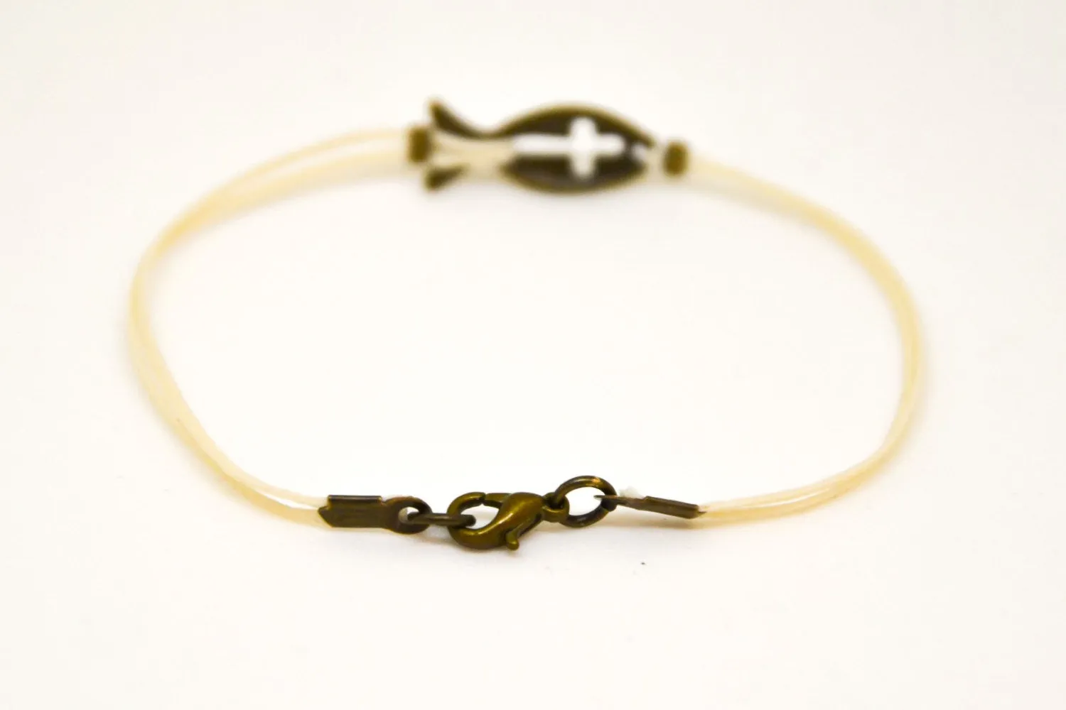 Bronze cross fish bracelet for men, beige cord, christian gift for him
