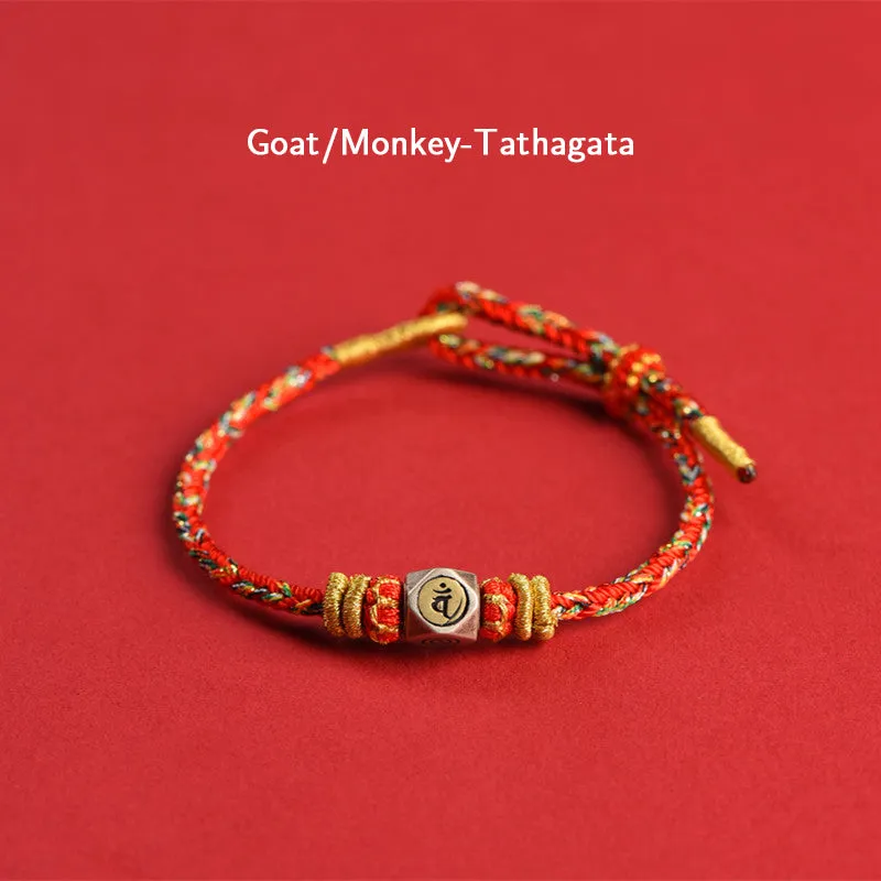 Buddha Stones 925 Sterling Silver Chinese Zodiac Natal Buddha Red Colorful Rope Luck Handcrafted Bracelet