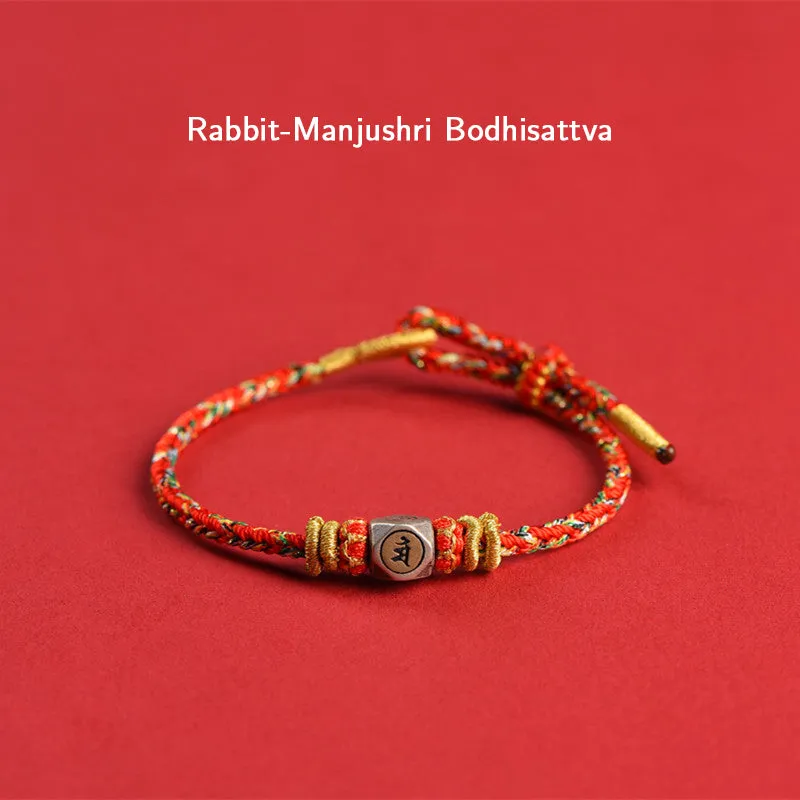 Buddha Stones 925 Sterling Silver Chinese Zodiac Natal Buddha Red Colorful Rope Luck Handcrafted Bracelet