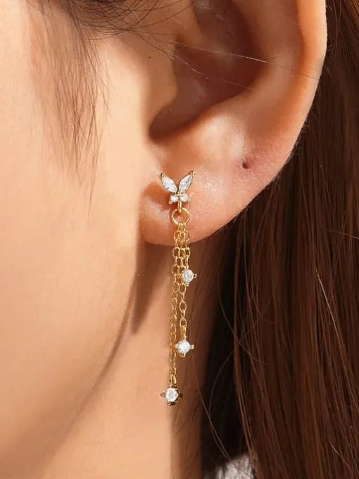 Butterfly Tassel Chain Earrings, 18K Gold Plated, 925 Sterling Silver Zircon Luxury Earrings