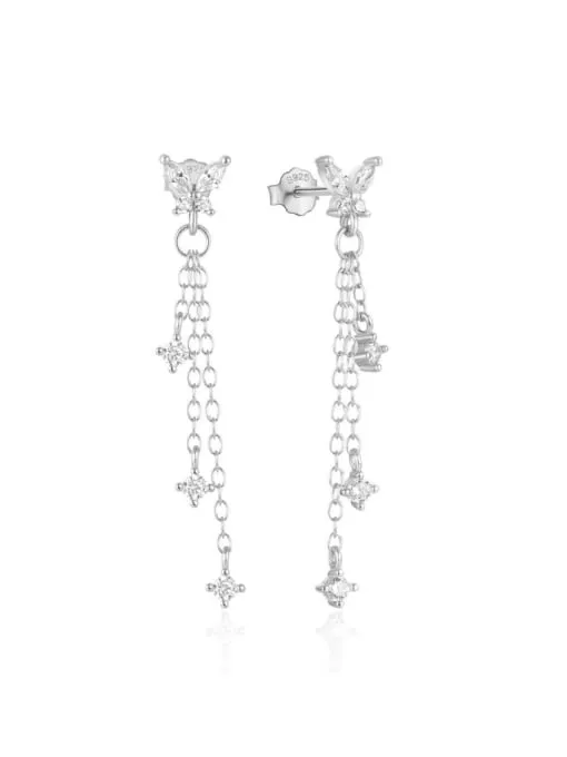 Butterfly Tassel Chain Earrings, 18K Gold Plated, 925 Sterling Silver Zircon Luxury Earrings