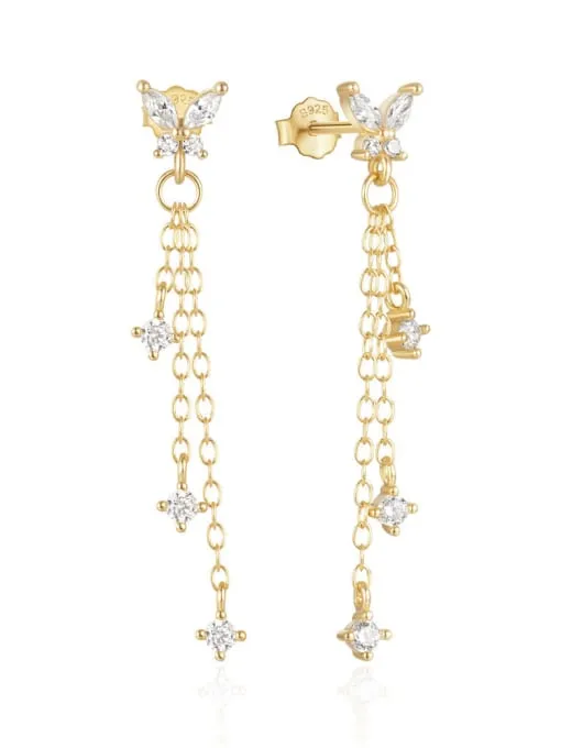 Butterfly Tassel Chain Earrings, 18K Gold Plated, 925 Sterling Silver Zircon Luxury Earrings