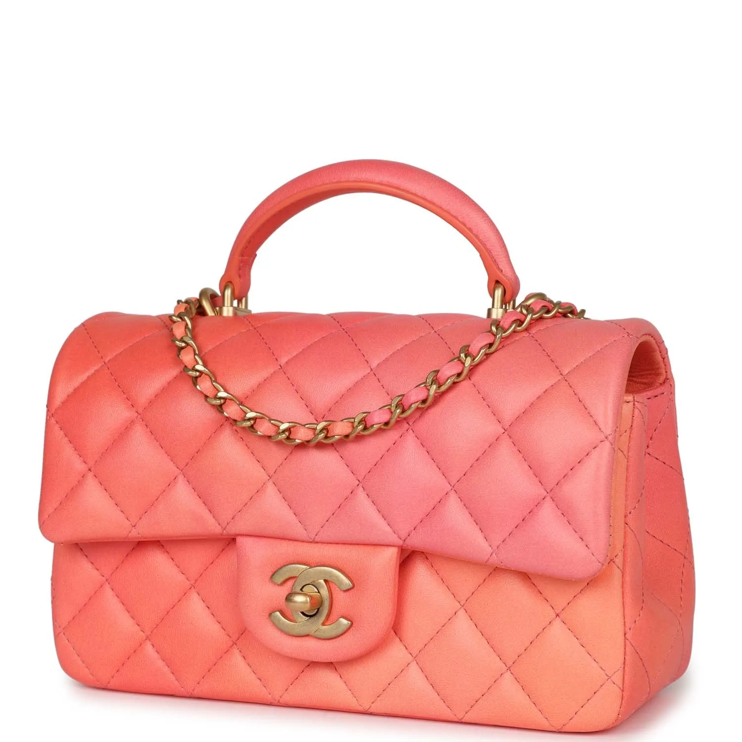 Chanel Mini Rectangular Top Handle Coral Ombre Lambskin Aged Gold Hardware