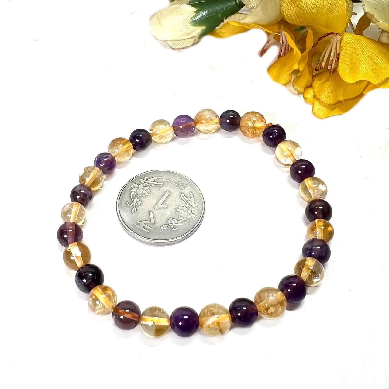 Citrine & Amethyst Round Bead Bracelet (Release Stress)