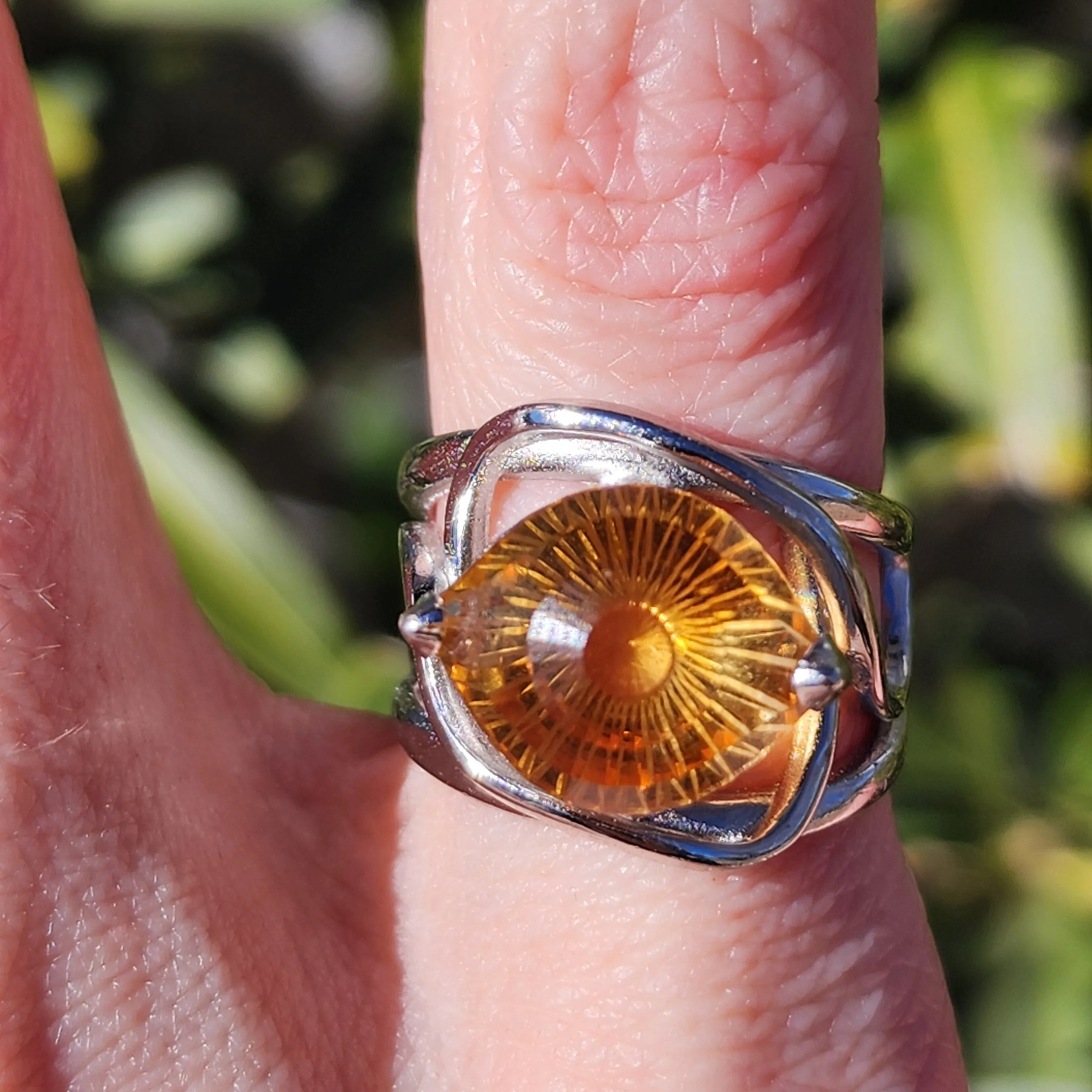 Citrine Evil Eye Adjustable Finger Cuff Ring .925 Silver for Abundance, Intuition, Luck and Protection