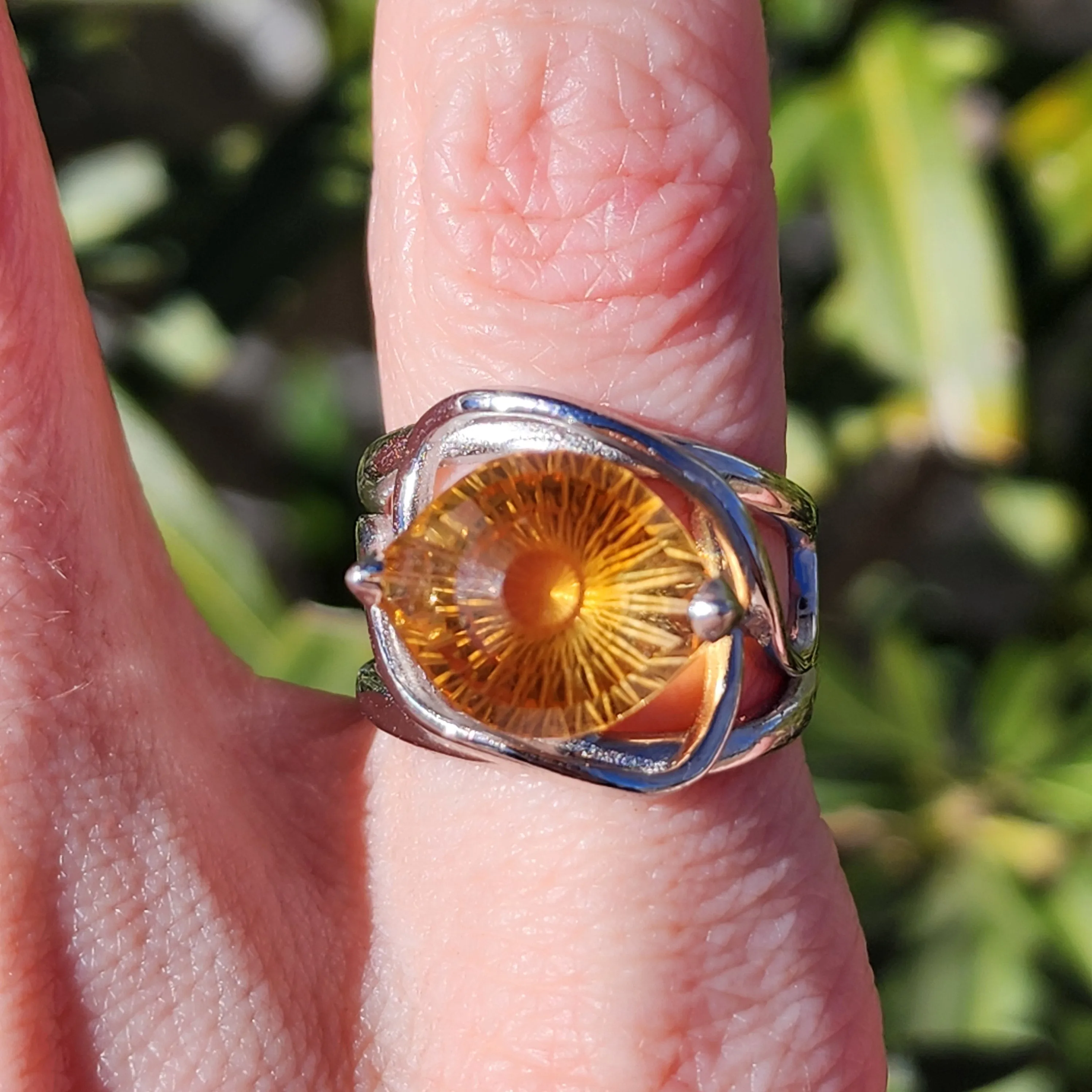 Citrine Evil Eye Adjustable Finger Cuff Ring .925 Silver for Abundance, Intuition, Luck and Protection