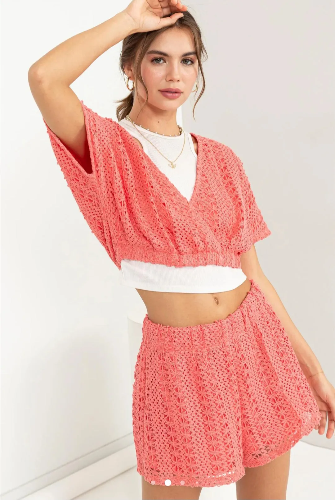 Coral Crochet Top and Shorts Set