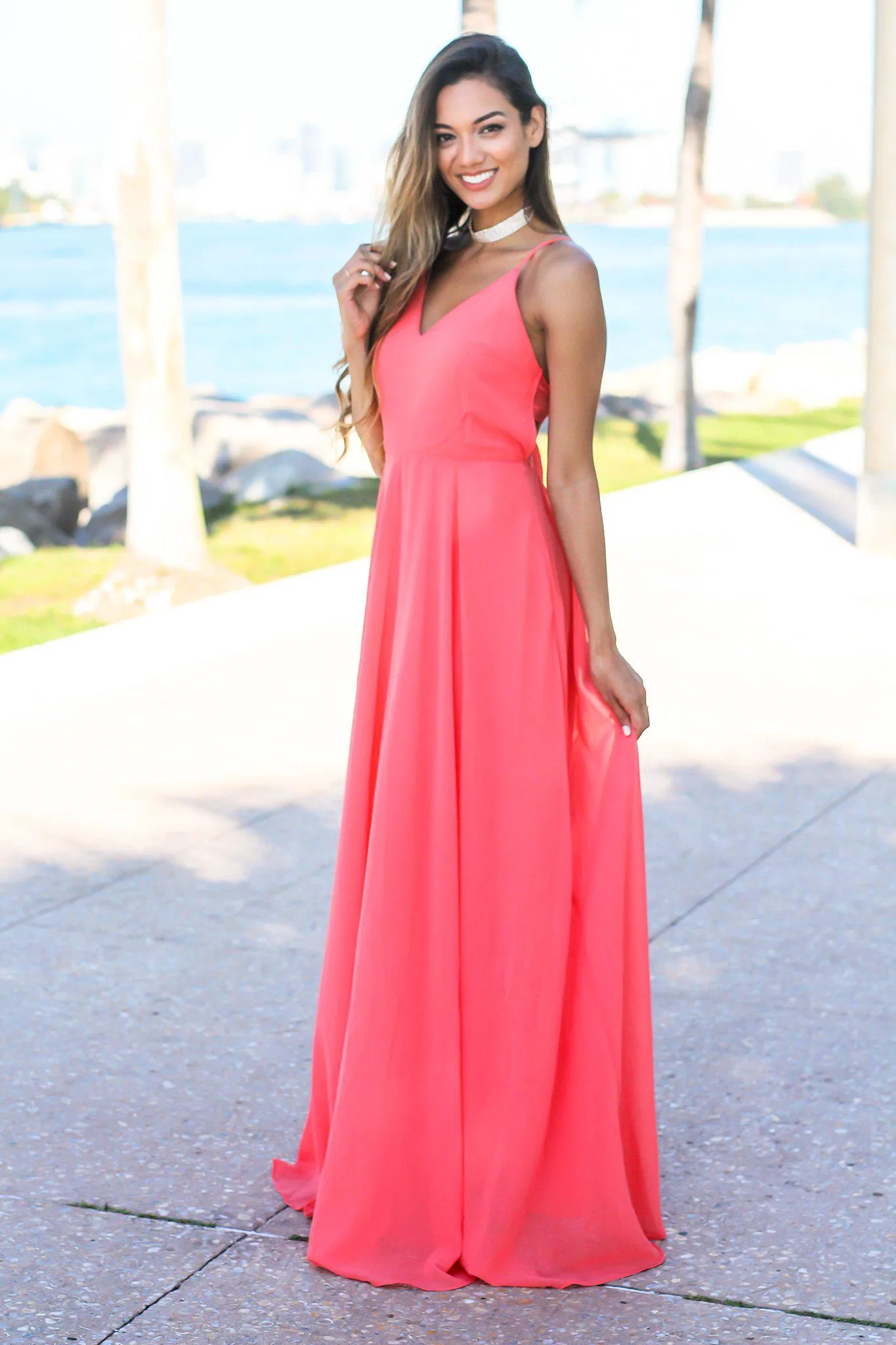 Coral Open Back Maxi Dress
