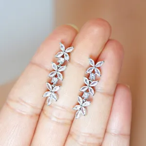 CZ Leafy Sparklers Dainty Earrings, Diamond Leaves Earrings, Long Bridal Jewelry, Bridal Earrings, Crystal Bridal Earrings Cz