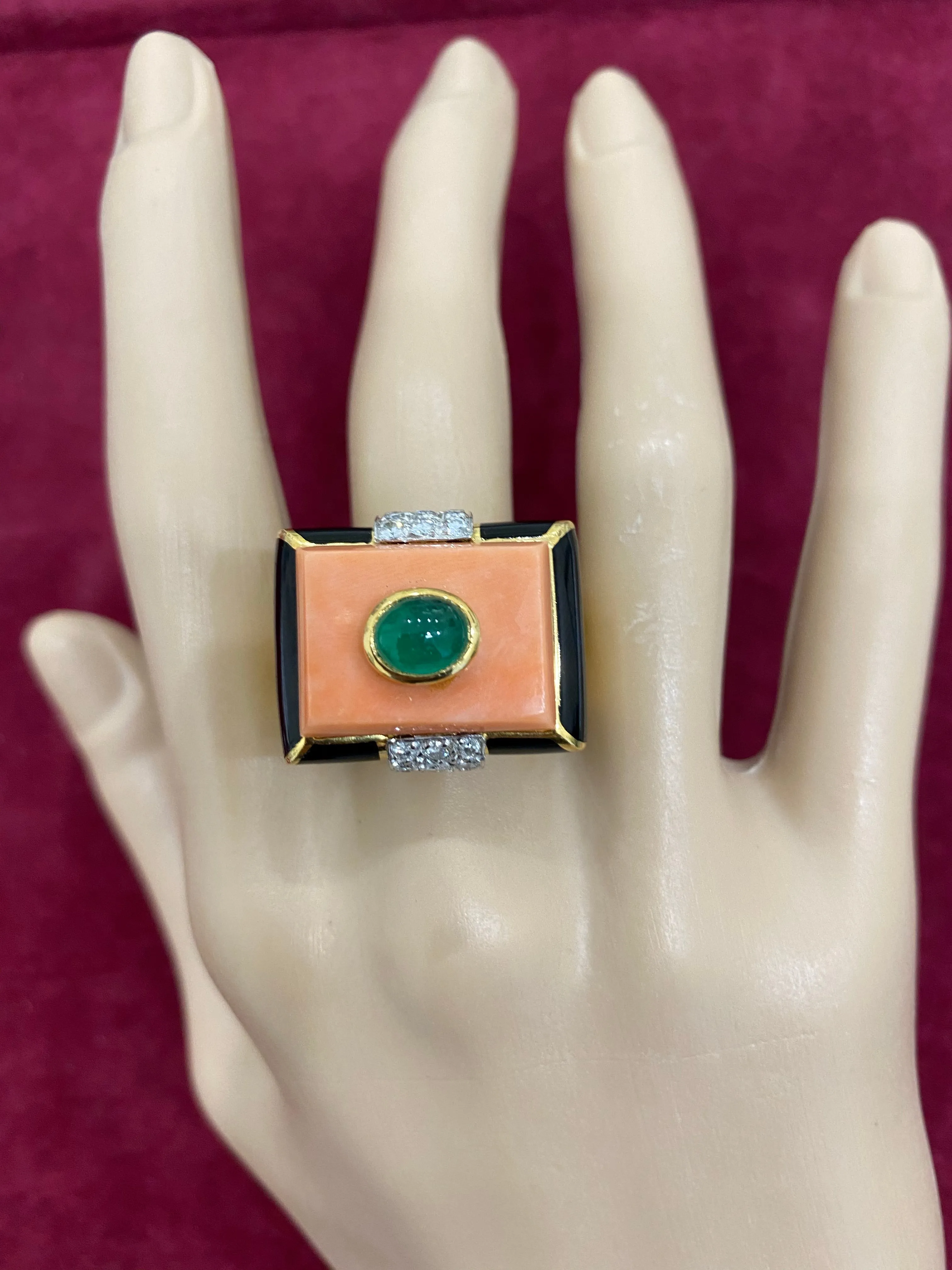 David Webb Emerald Coral Diamond Enamel Gold Ring