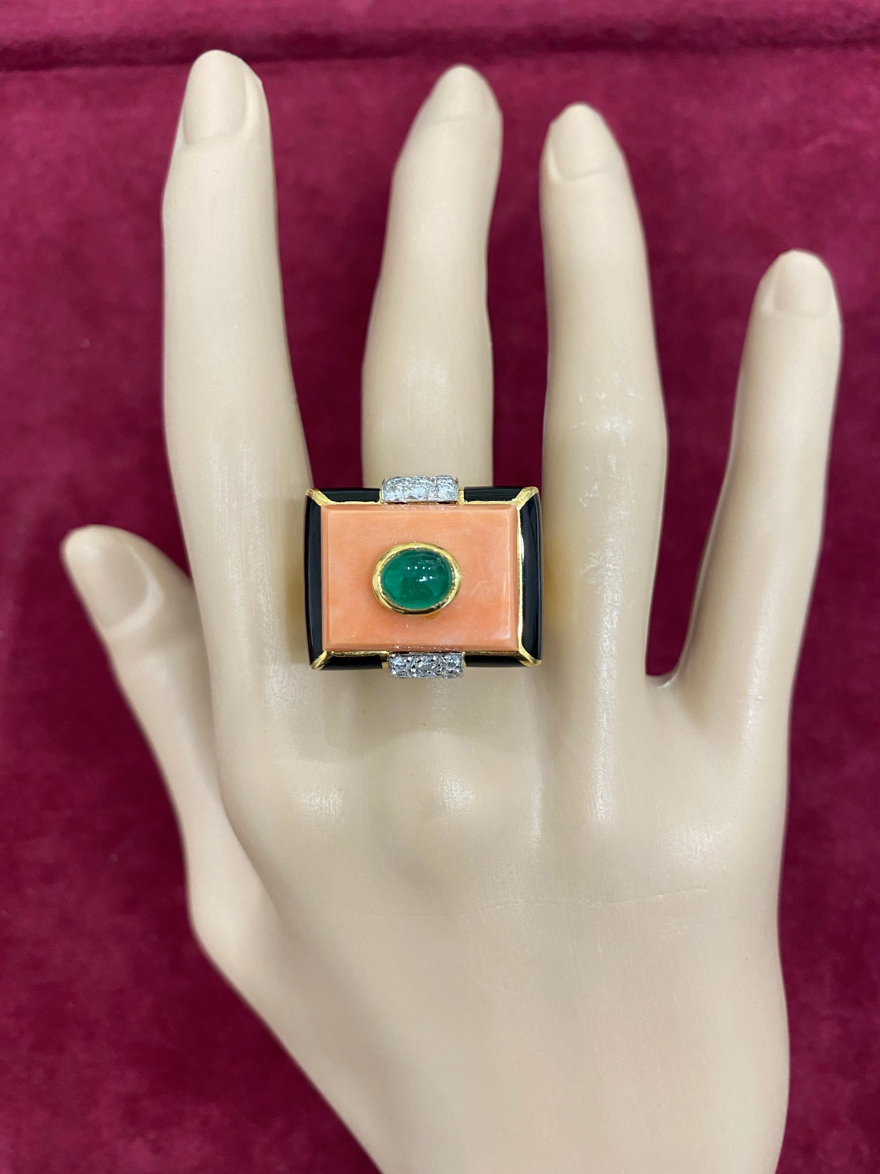 David Webb Emerald Coral Diamond Enamel Gold Ring
