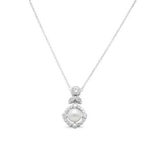 Diamond & Pearl Drop Flower Necklace - 18ct White Gold