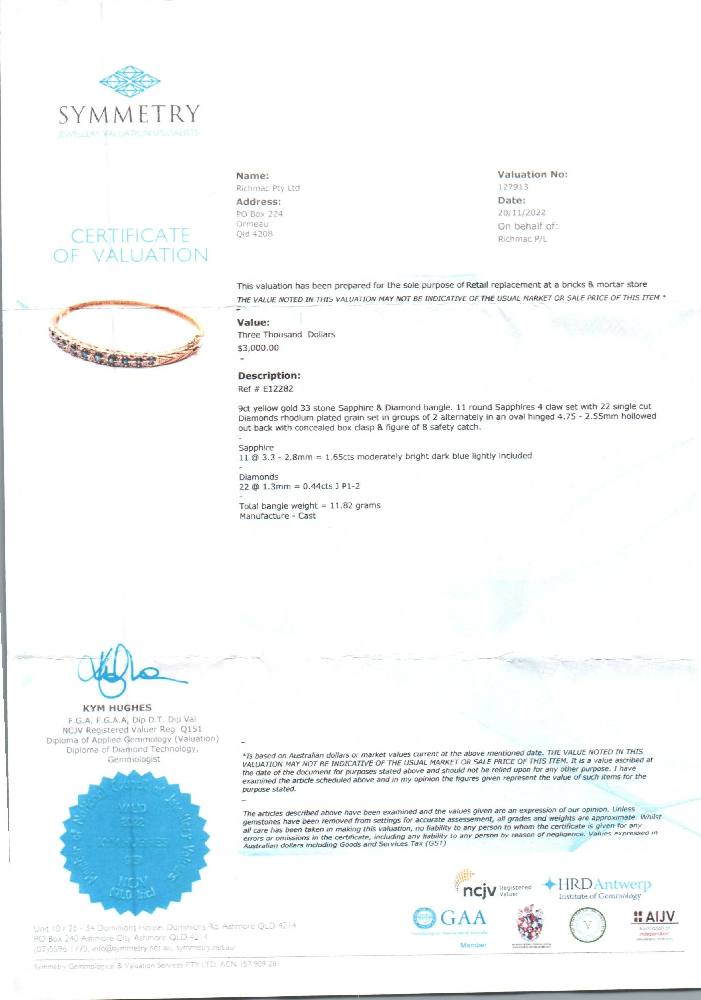 Exquisite 9ct Yellow Gold Sapphire & Diamond Bangle
