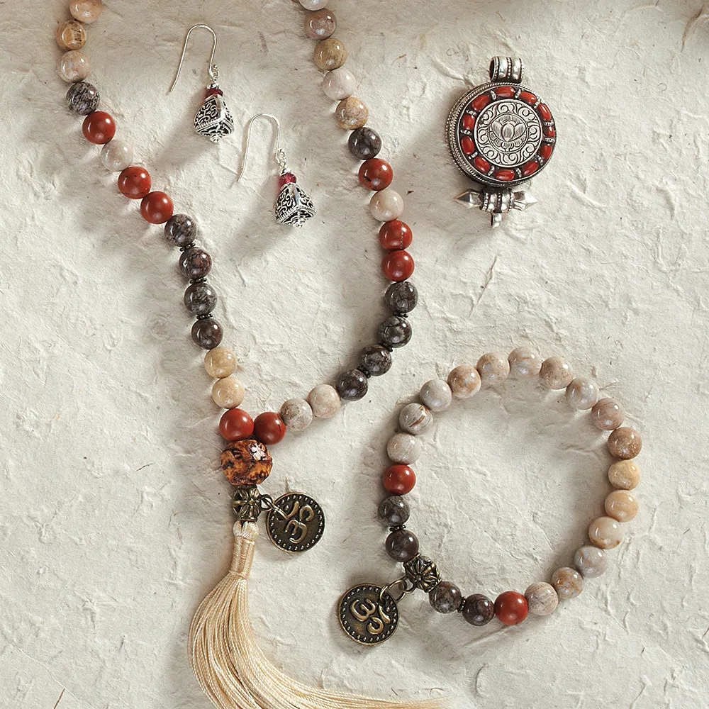 Fossil Coral and Red Jasper Stretchy Mala