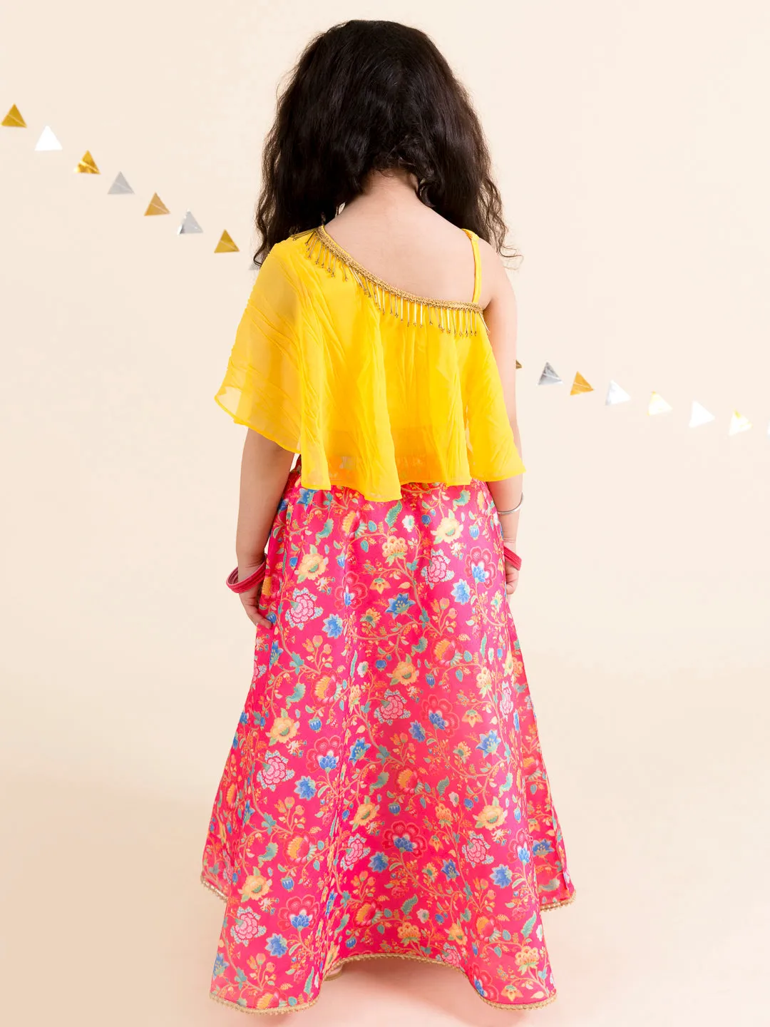 Girls Coral Yellow Ready To Wear Lehenga Choli - Ps Peaches