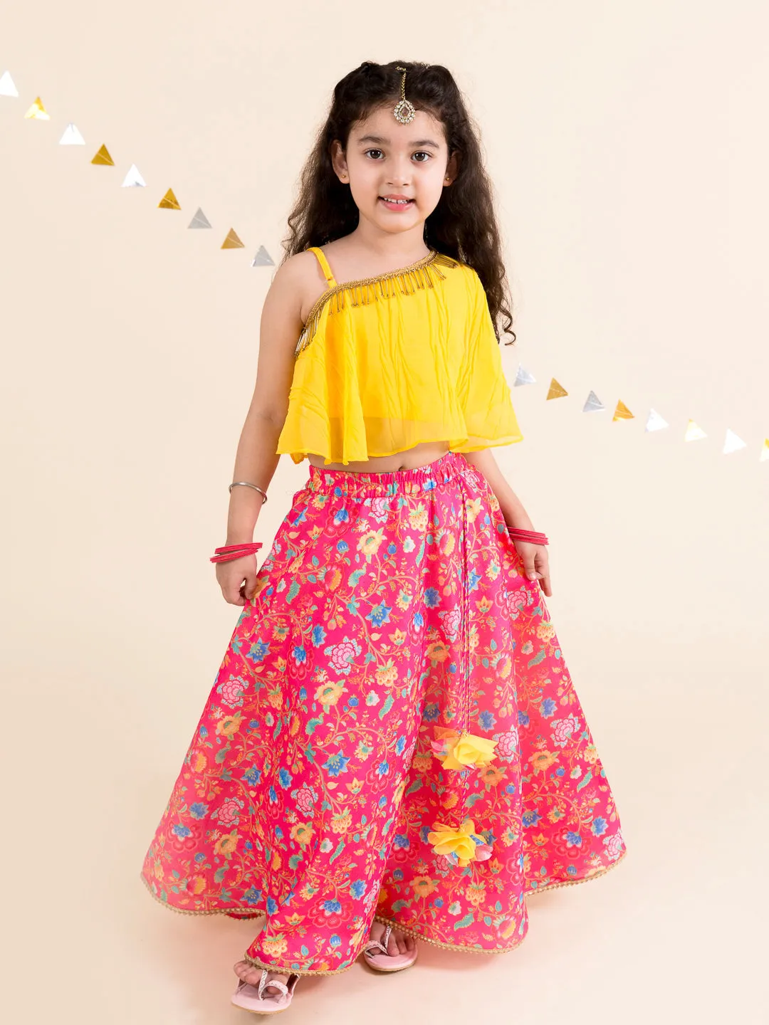 Girls Coral Yellow Ready To Wear Lehenga Choli - Ps Peaches