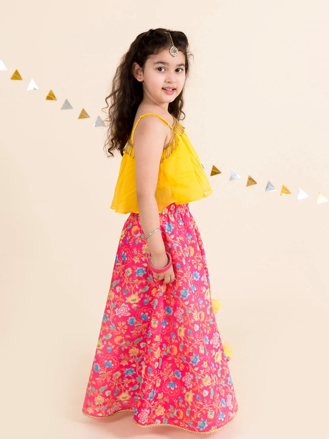 Girls Coral Yellow Ready To Wear Lehenga Choli - Ps Peaches
