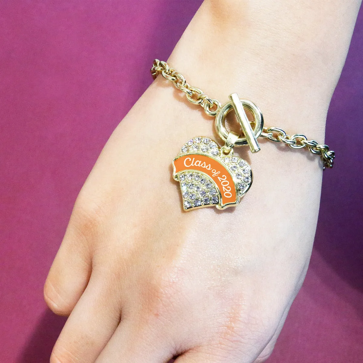 Gold Class of 2020 - Orange Pave Heart Charm Toggle Bracelet