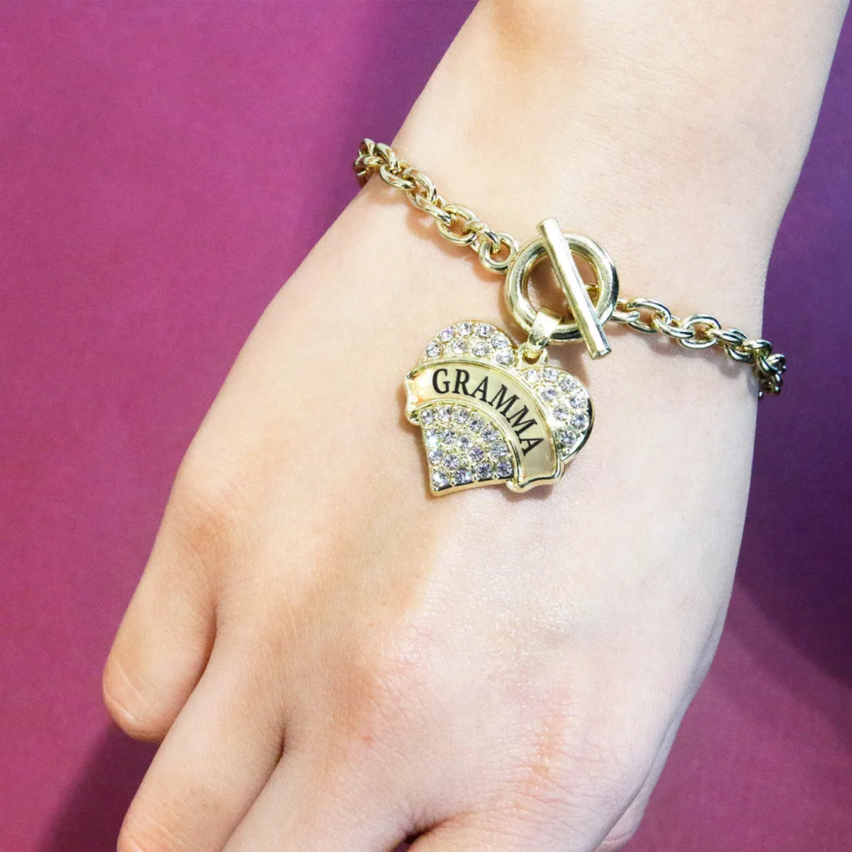 Gold Gramma Pave Heart Charm Toggle Bracelet